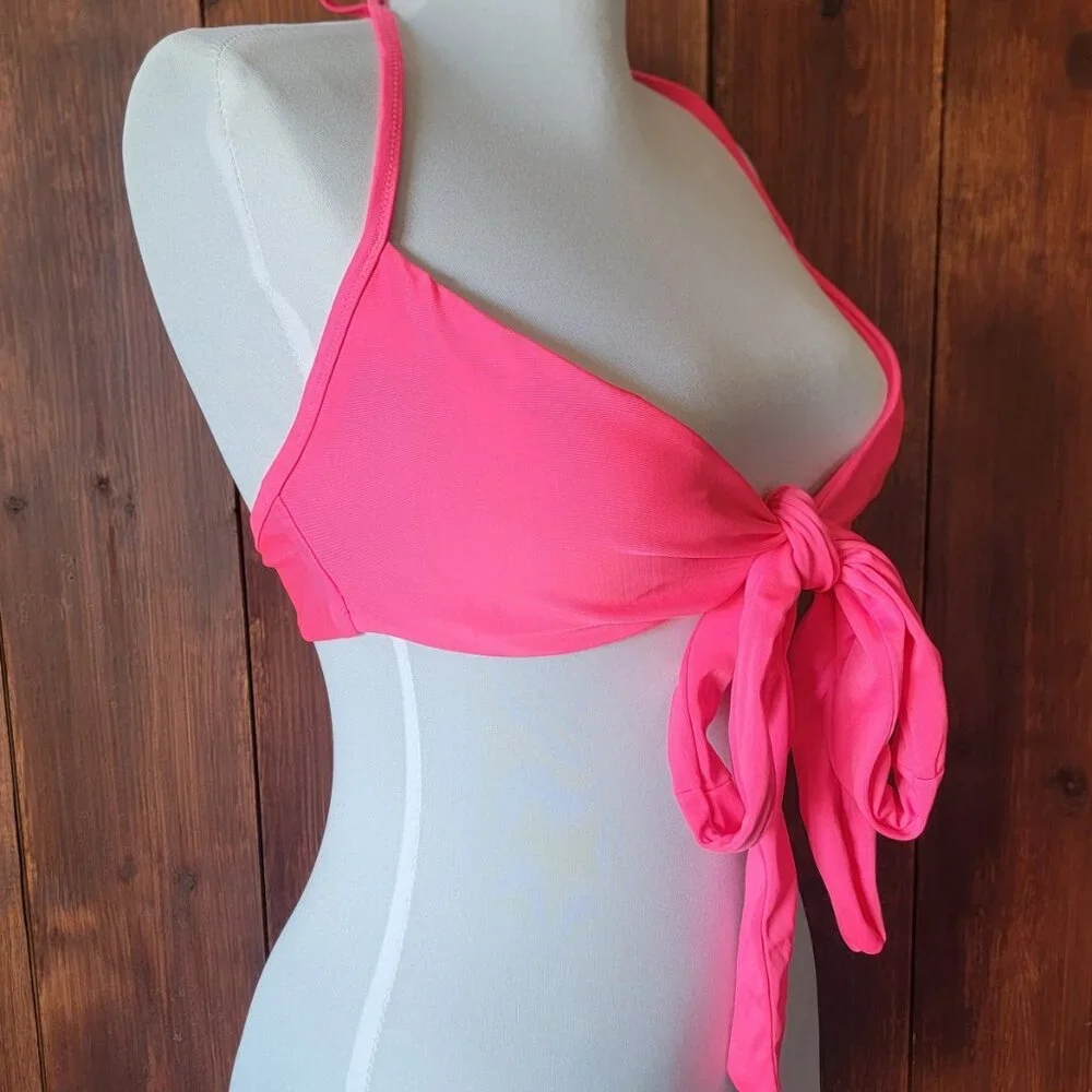 Aerie Scoop Bikini *TOP‎ ONLY* S|P Hot Pink Tie Front Halter Top Tie Two Ways